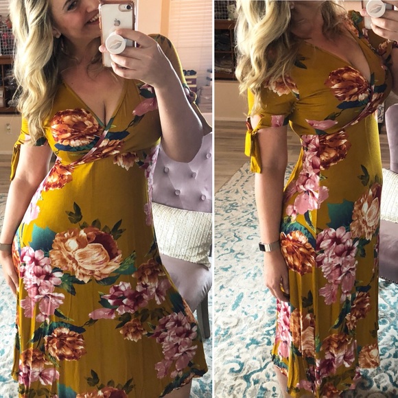 MEDIUM Mustard Floral Midi Dress - Picture 3 of 3